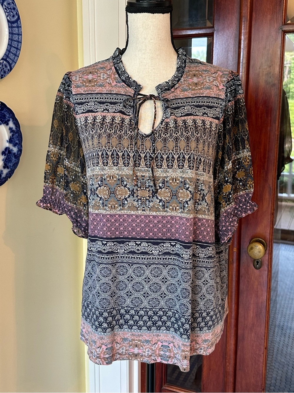 Lucky Brand | Boho Mixed Print Ruffle Neck Blouse Short Sleeve, Size L